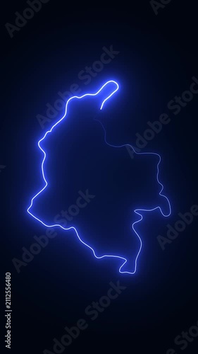 Glowing neon outline map of colombia on dark background, animated country border