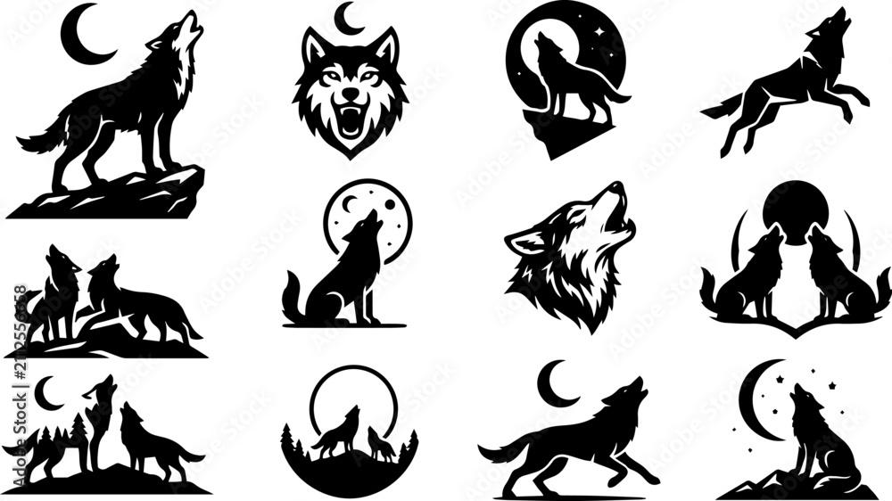 Obraz premium Wolf howling at moon vector icon set, black silhouette wolf head and animal mascot collection, wild predator wildlife illustrations