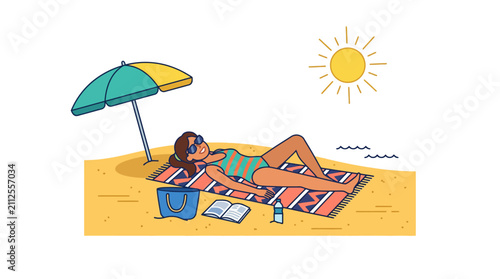 Quadro su tela Woman sunbathing on beach towel under umbrella in summer.