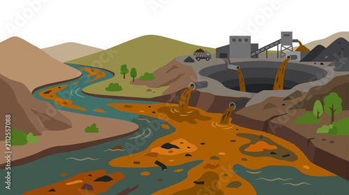Konstfotografi Industrial mining site polluting a river landscape illustration.