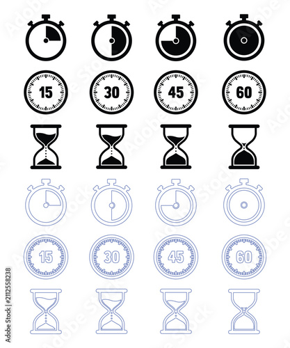 Time and timer icon set stopwatches, numbered timers, and hourglasses