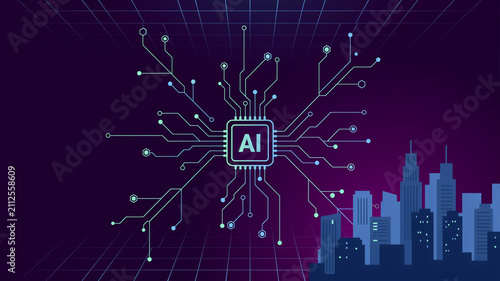 Artificial intelligence microchip processor with digital circuit lines and city skyline background
