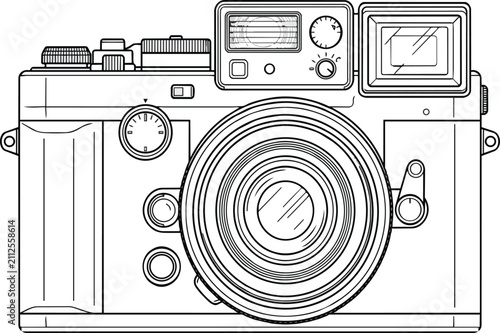 Foto Detailed vintage rangefinder camera line art vector illustration rendered in cle