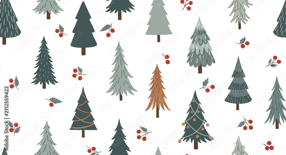 Obraz premium Elegant seamless winter pattern featuring various green and brown pine trees and red berry twigs on a white background.