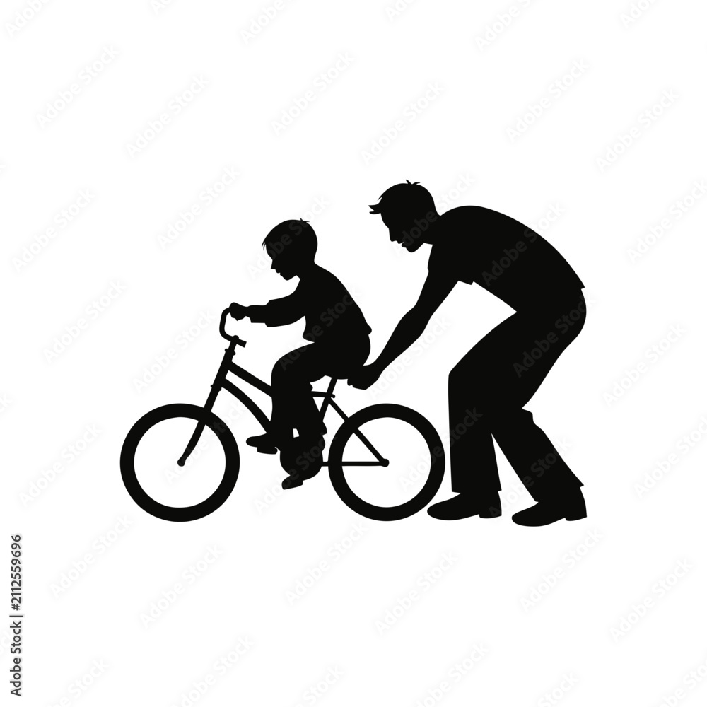 Fototapeta premium Father teaching son to ride bicycle silhouette, black and white family bonding vector, parent helping child with bike, outdoor activity illustration