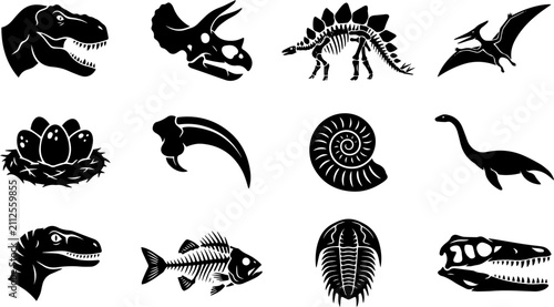 Quadro su tela Prehistoric dinosaur fossils and skeleton icons, 12 black vector silhouettes of