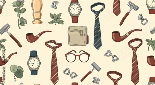 Fabulous seamless vector pattern featuring men's fashion accessories like ties watches glasses and pipes on cream.