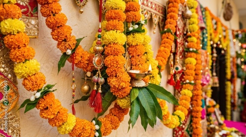 Traditional marigold flower garland decoration with green leaves and hanging lamp for cultural immersion india festival celebration