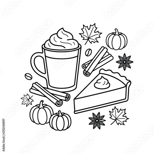 Autumn pumpkin spice latte and pie illustration. Cozy fall season food and drink line art.
