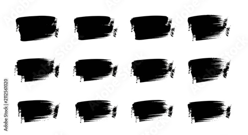 Black ink brush strokes set, 12 hand drawn paint textures, grunge artistic smear collection, isolated vector brushstrokes for graphic design