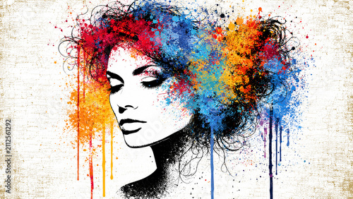 Abstract Colorful Portrait of a Beautiful Woman with Expressive Paint Splashes