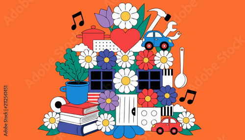 Vibrant vector illustration depicting a whimsical house surrounded by colorful flowers books toys and kitchen tools
