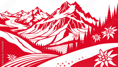 Stylized red and white mountain landscape vector graphic illustration featuring alpine flowers and tall pine trees