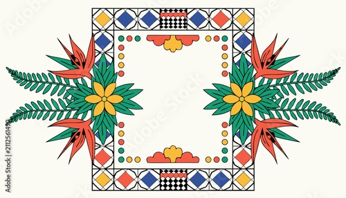 Decorative floral vector frame featuring vibrant tropical flowers and geometric tile patterns for elegant graphic designs