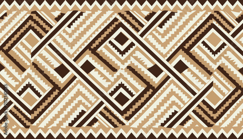 Geometric tribal pattern design featuring intricate brown and beige repeating shapes in a vector graphic style