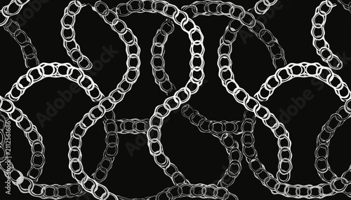 Decorative metallic silver chain vector illustration featuring flowing circular linked patterns against a deep black background