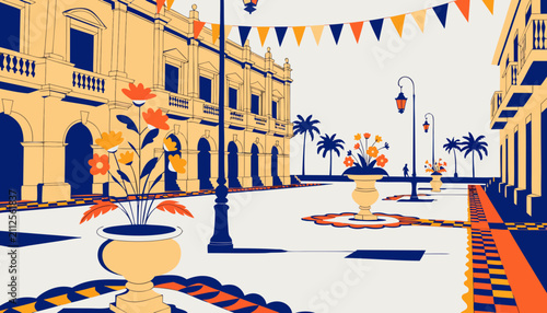 Decorative vector illustration showing a historic colonial town square with blooming flower pots and festive banners