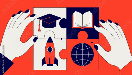 Hands assembling colorful jigsaw puzzle pieces depicting academic growth and global innovation in vector graphic style