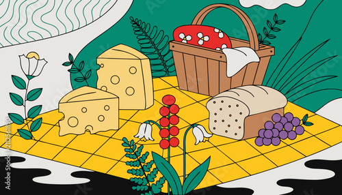 Colorful picnic illustration featuring fresh bread and swiss cheese on a vibrant yellow checkered blanket surface