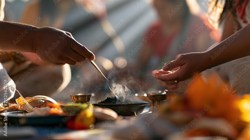 Fototapeta premium Traditional Hindu Prayer Rituals During the Dashain Festival Celebrating Spiritual Devotion and Cultural Heritage