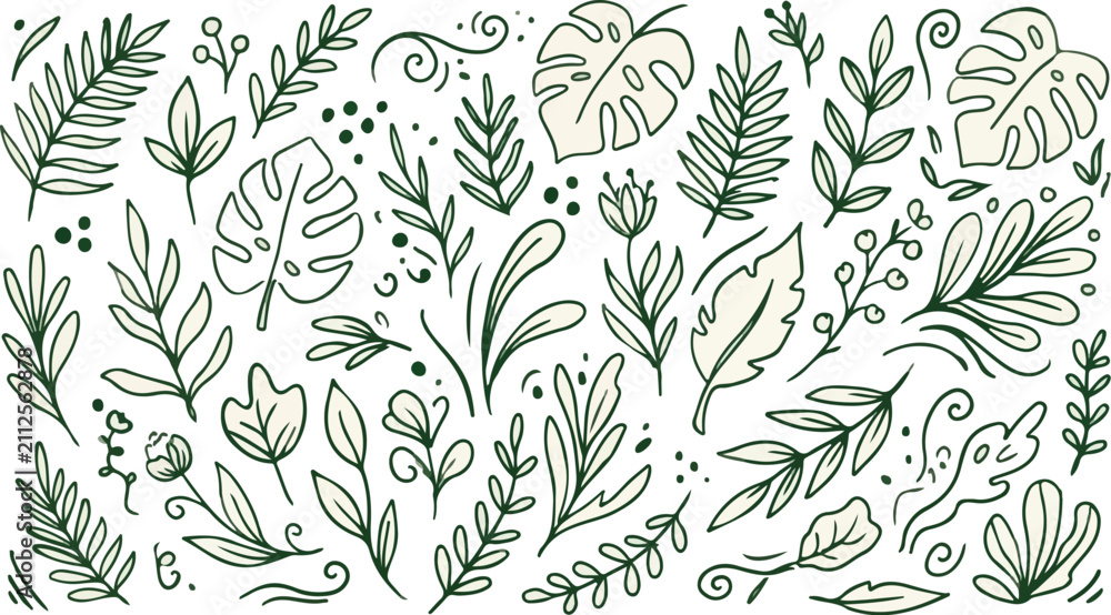 Fototapeta premium Hand Drawn Green Line Art Botanical Seamless Pattern Vector Illustration
