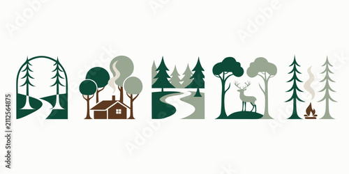 Canvastavla Set of stylized outdoor scene logos depicting path in forest, cabin, trees, deer
