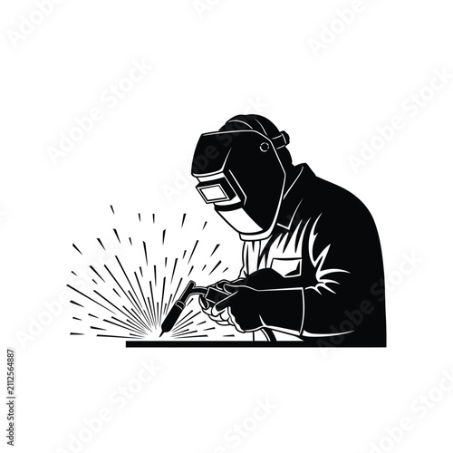 Bild auf Leinwand Welder working with sparks black silhouette welding