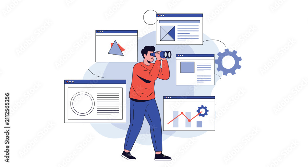Fototapeta premium Curious businessman using binoculars to search and analyze data across multiple floating internet browser web pages.