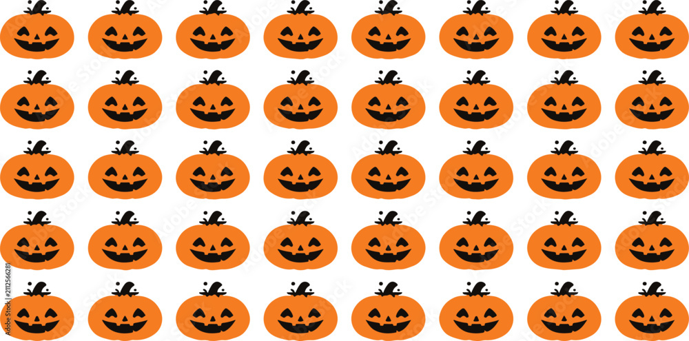 Obraz premium Halloween Pumpkin Seamless Pattern Background with Cute Jack O Lantern Icons, Orange Autumn Holiday Symbols and Cartoon Smile Faces Vector Illustration Design for Spooky Celebration Wallpaper.