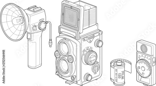 Картината върху платно Vintage photography equipment line art set with twin lens reflex TLR camera, fla