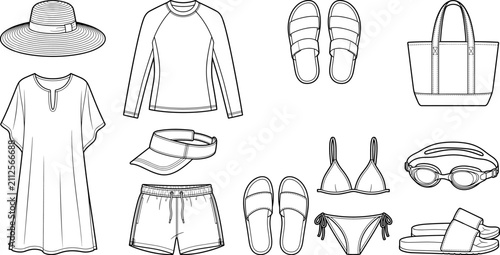 Foto Summer beachwear and swim accessories line art set with wide brim hat, tunic cov