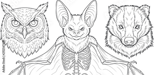 Photography Nocturnal animals line art set with horned owl head, bat with skeleton, and badg