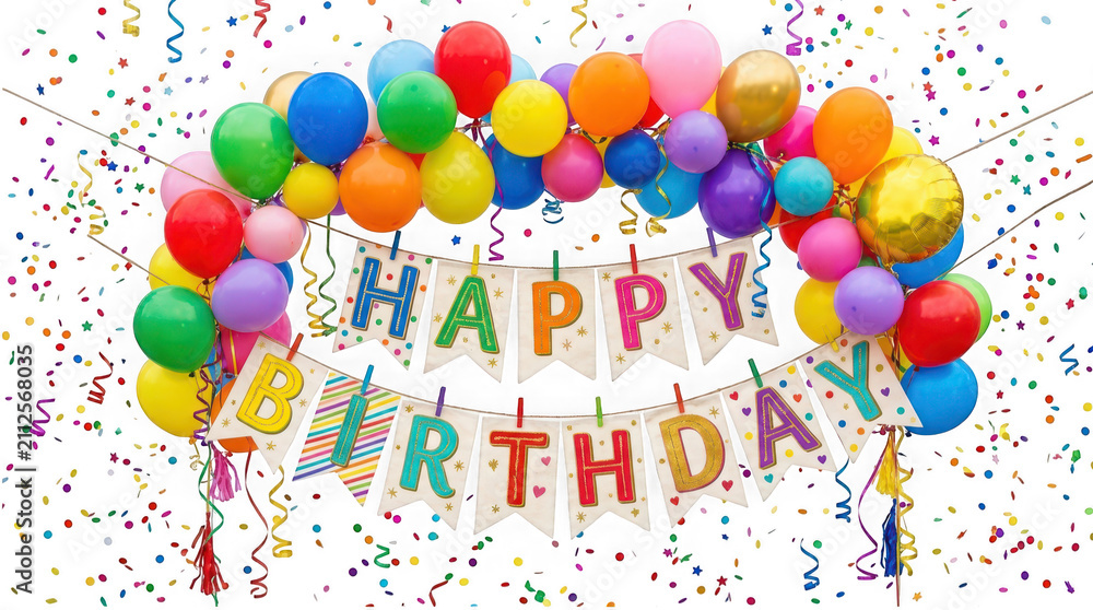Obraz premium Happy birthday banner with colorful balloons and confetti isolated on transparent background