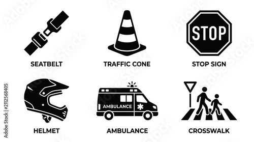 Road traffic safety icon set featuring seatbelt traffic cone stop sign helmet ambulance and crosswalk symbols isolated on white background vector