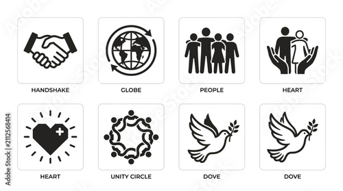 A collection of monochrome vector icons representing social unity, global cooperation, peaceful coexistence, and community connection concepts