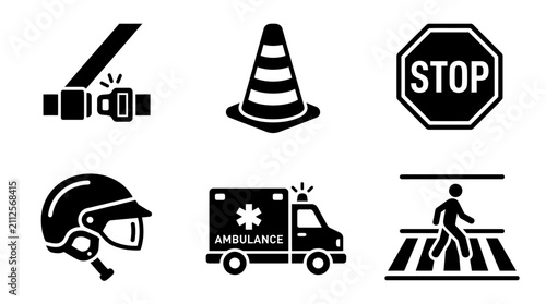 Safety and Transportation Icons Set Featuring Seatbelt, Traffic Cone, Stop Sign, Helmet, Emergency Vehicle, and Pedestrian Crosswalk Symbols