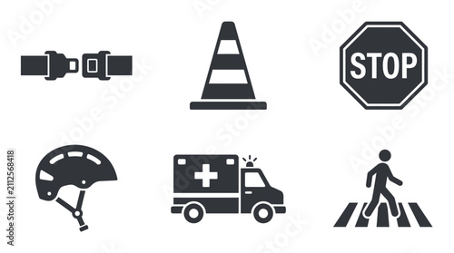 Set of flat vector icons representing road safety signs and transit equipment including a seatbelt, traffic cone, stop sign, safety helmet, ambulance, and a pedestrian crossing on a white background.