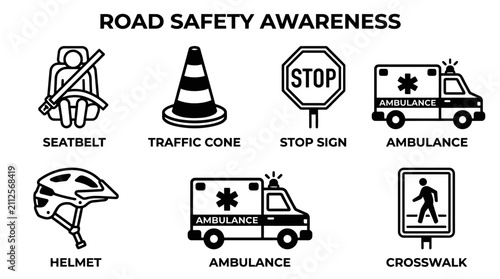 Road safety awareness infographic featuring black and white icons including seatbelt, traffic cone, stop sign, ambulance, helmet, and crosswalk sign