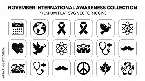 November international health and social awareness vector icon set featuring flat black symbols for charity events and global campaigns