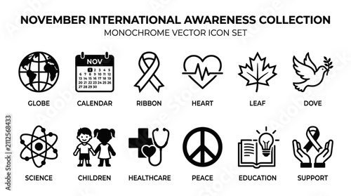 Collection of November International Awareness Monochrome Vector Icons Featuring Various Symbolic Illustrations for Social Events and Causes