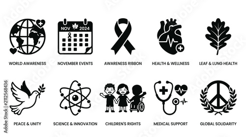 A diverse collection of black and white vector icons representing global awareness, health, science, peace, and humanitarian social causes