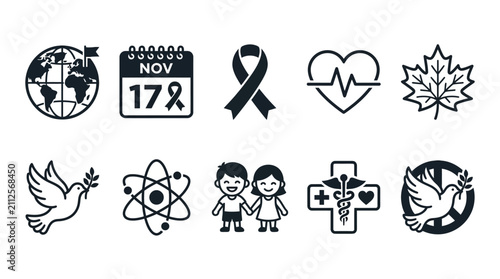 A collection of diverse social awareness and humanitarian concept icons featuring symbols for peace, health, education, and global unity