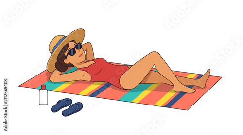 Foto Woman sunbathing on beach towel with summer accessories.