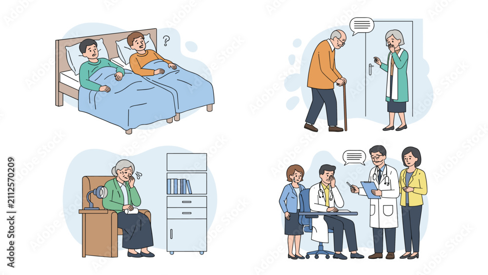 Fototapeta premium Vector illustration set of elderly people experiencing health issues, sleeping problems, and visiting the doctor.