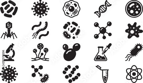 Bild auf Leinwand Microbiology and Virus Research Black Glyph Symbols Collection