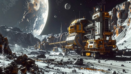 Futuristic lunar mining base with Earth in sky.