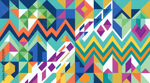 Vibrant Abstract Geometric Pattern Featuring Intersecting Zigzag Lines and Various Colorful Shapes on a Diagonal Split Background