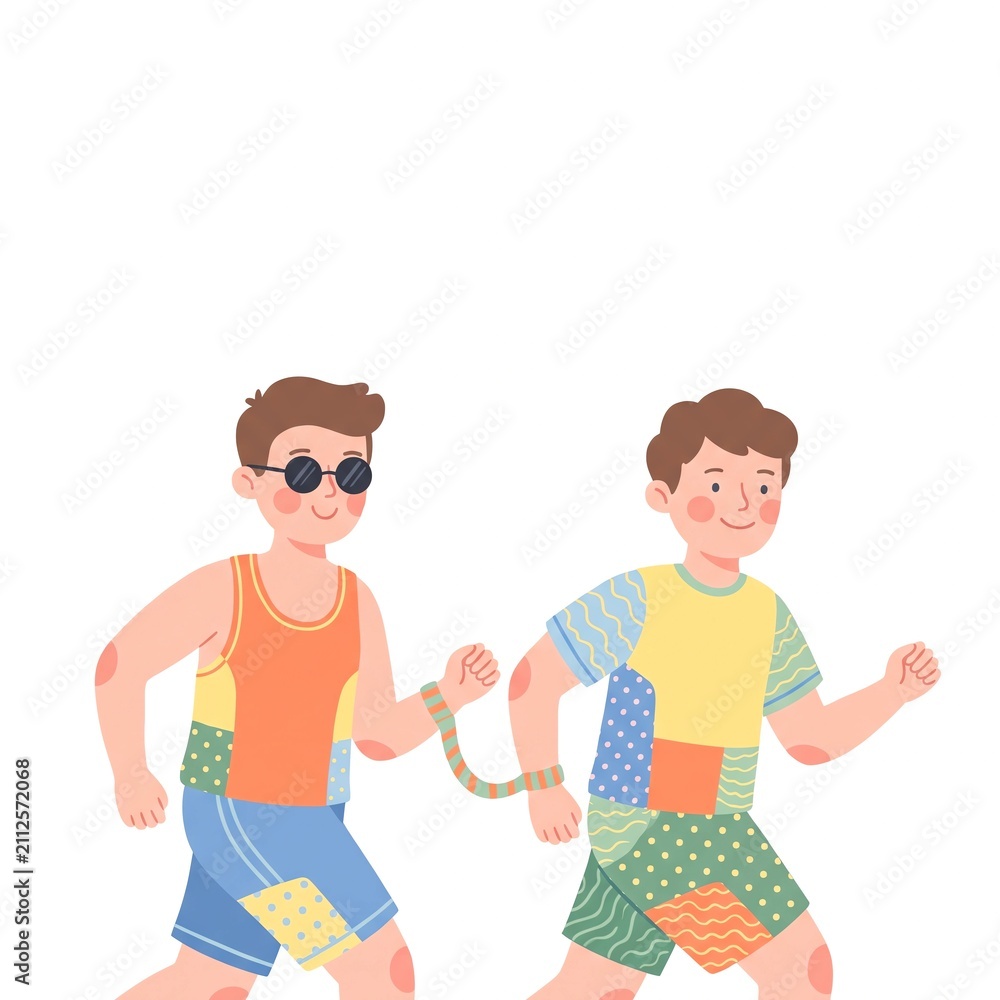 Obraz premium Cheerful blind man jogging side by side with guide runner connected by wrist tether, whimsical folk art illustration for adaptive sports and inclusion concept