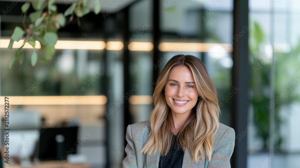 Fototapeta premium professional female call agent smiling in modern office, friendly customer service representative in colorful business suit, confident female support agent with warm trustworthy expression