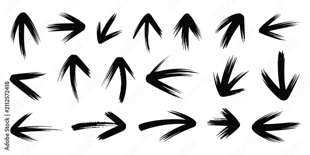 Fototapeta premium Collection of hand drawn black ink brush stroke arrows pointing in various directions on a white background